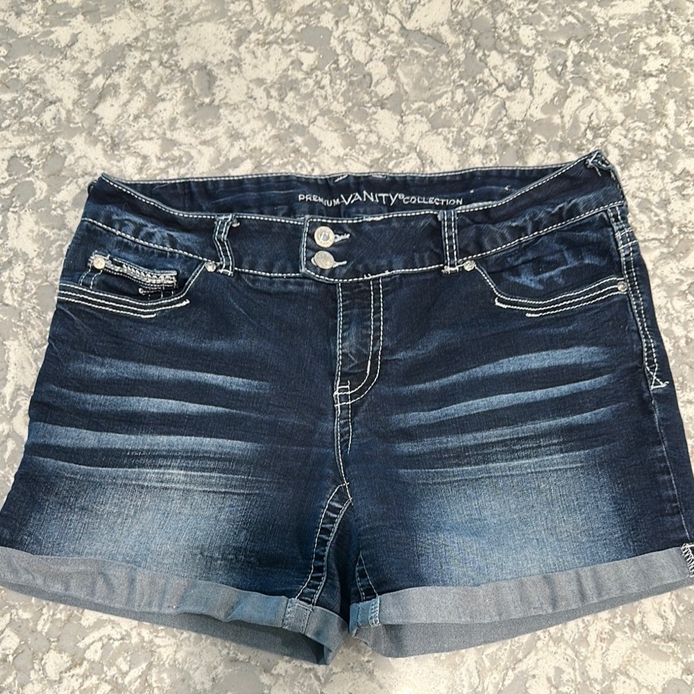 Vanity Blue Jean Shorts with Cuffed Hem and Stretch Fit